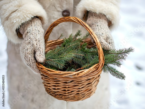 close-up of a basket with fir branches in female hands in mittens