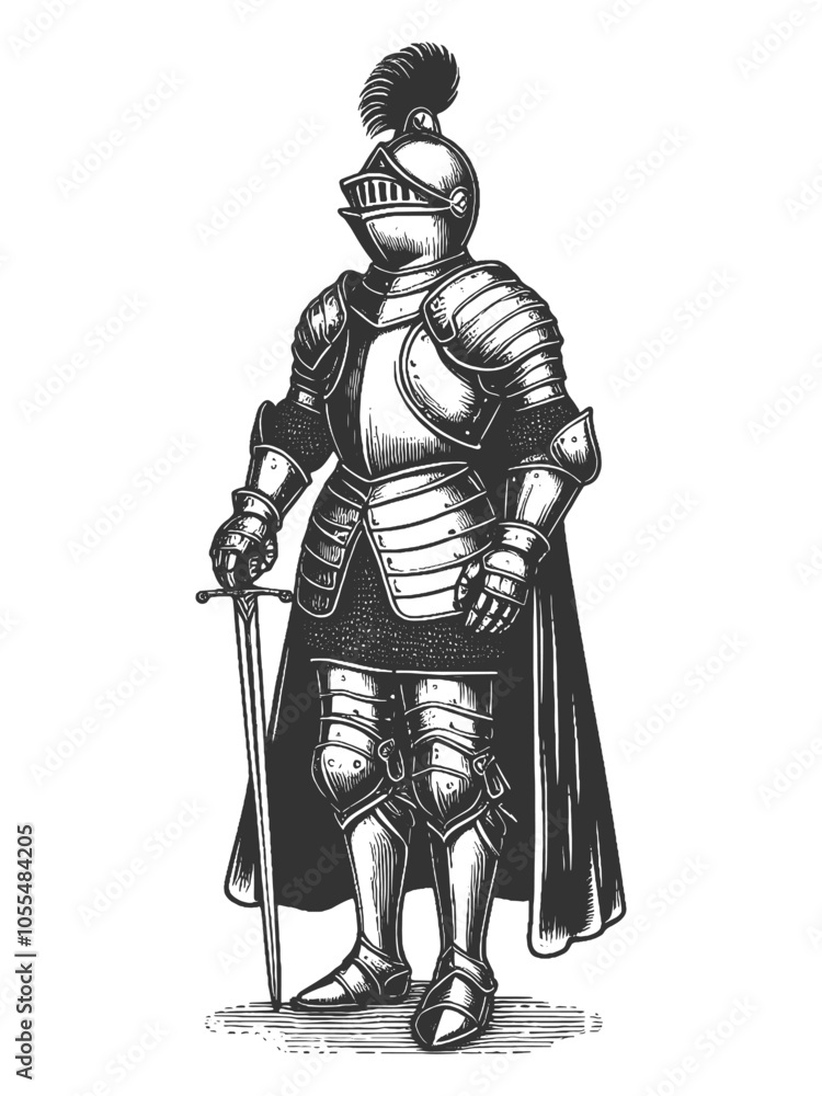 medieval knight in full plate armor, classic armor design with lion emblems sketch engraving generative ai fictional character vector illustration. Scratch board imitation. Black and white image.