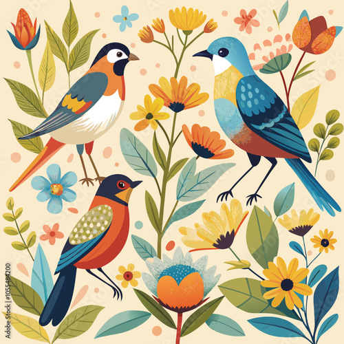 Water color bird And plants vector art illustration Generative Ai
