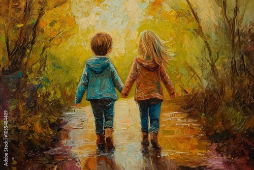 Painting of two children hold hands, walking through a sunlit forest path. photo