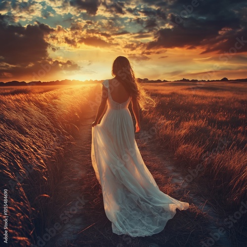 A woman in a flowing dress walks along a path surrounded by wheat fields at sunset. photo