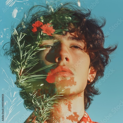 A young man in double exposure with flowers and clear sky gives an artistic impression of serenity. photo