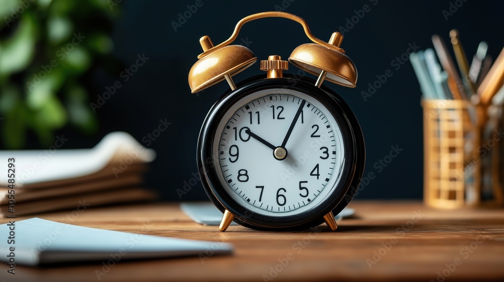 Classic black and gold alarm clock on a wooden desk with blurred background, showing a time close to 10 o'clock, next to stacks of papers and pencils in a holder. Classic black and gold alarm clock on a wooden desk with blurred background, showing a time close to 10 o'clock, next to stacks of papers and pencils in a holder.