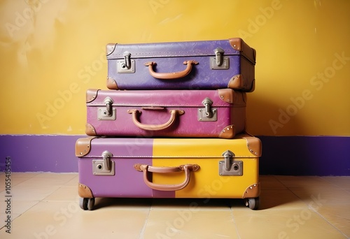 Three colorful suitcases on wheels against a bright yellow,white,purple background for train airporte treveling turkey treveling photo