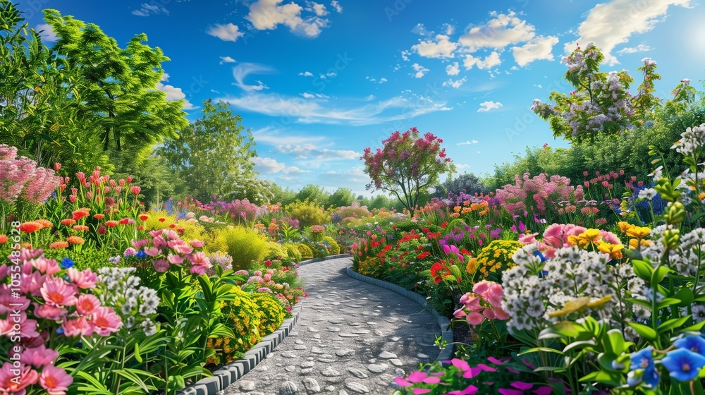Naklejka premium : A serene garden with a variety of flowers in full bloom, set against a perfect blue sky, with a quaint stone path winding through the garden