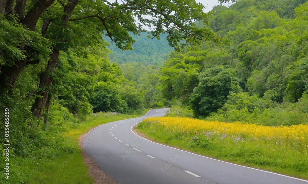 Fototapeta premium 시골길 도로 옆 나무와 꽃 예쁜 시골길