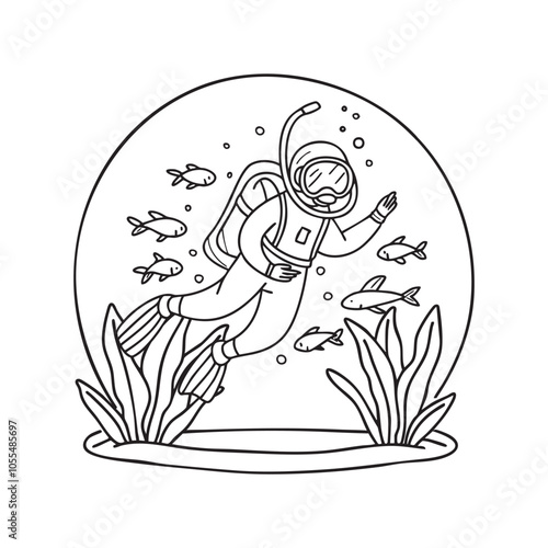 Diver swim exploring underwater with fish around 
