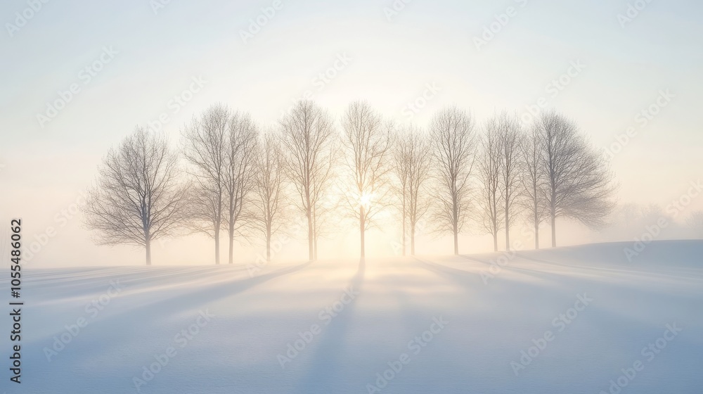 Capture a breathtaking real photograph of the winter equinox, showcasing a peaceful snow-covered landscape with bare trees silhouetted against a crisp, pale sky, as the low sun casts a soft Capture a breathtaking real photograph of the winter equinox, showcasing a peaceful snow-covered landscape with bare trees silhouetted against a crisp, pale sky, as the low sun casts a soft