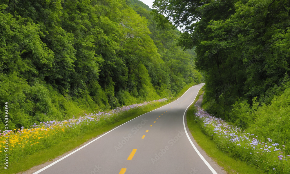 Fototapeta premium 시골길 도로 옆 나무와 꽃 예쁜 시골길