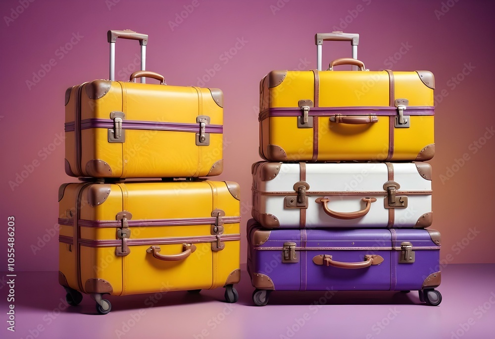 Three colorful suitcases on wheels against a bright yellow,white,purple background for train airporte treveling turkey treveling Three colorful suitcases on wheels against a bright yellow,white,purple background for train airporte treveling turkey treveling