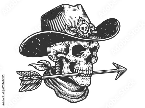 skull wearing a cowboy hat, holding an arrow in its mouth, western and gothic themes in vintage style sketch engraving generative ai vector illustration. Scratch board imitation. Black and white image
