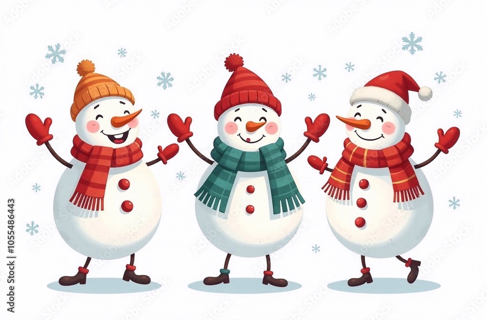 Illustration of dancing snowmen in funny clothes Illustration of dancing snowmen in funny clothes