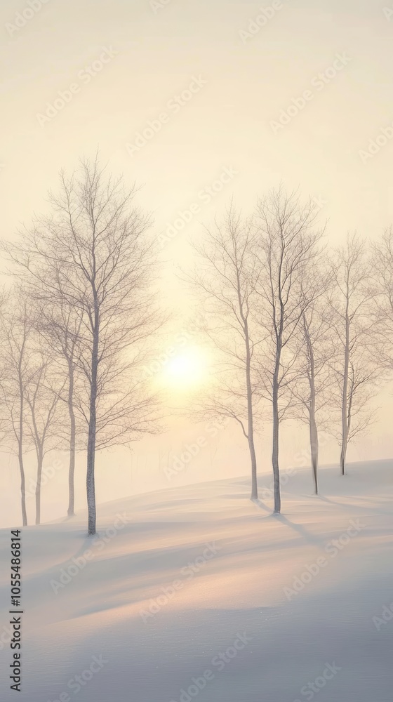 Capture a breathtaking real photograph of the winter equinox, showcasing a peaceful snow-covered landscape with bare trees silhouetted against a crisp, pale sky, as the low sun casts a soft Capture a breathtaking real photograph of the winter equinox, showcasing a peaceful snow-covered landscape with bare trees silhouetted against a crisp, pale sky, as the low sun casts a soft