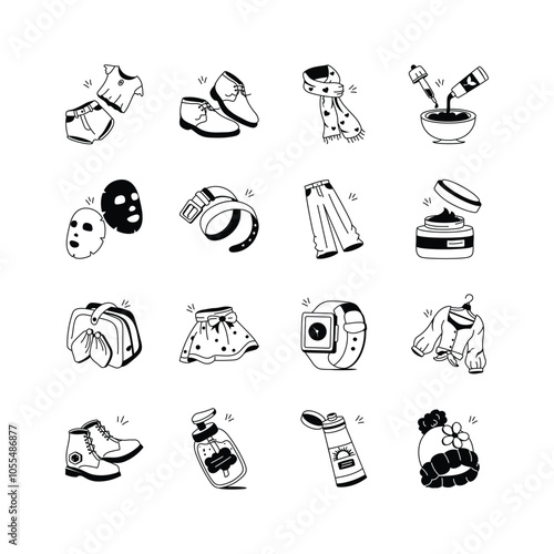 Vector icons showcasing a variety of clothing, accessories, and skincare products