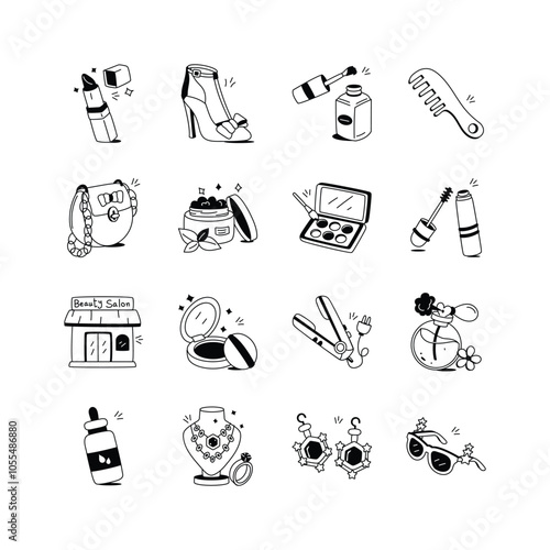 This whimsical icon set features colorful illustrations of beauty products, accessories, and tools,