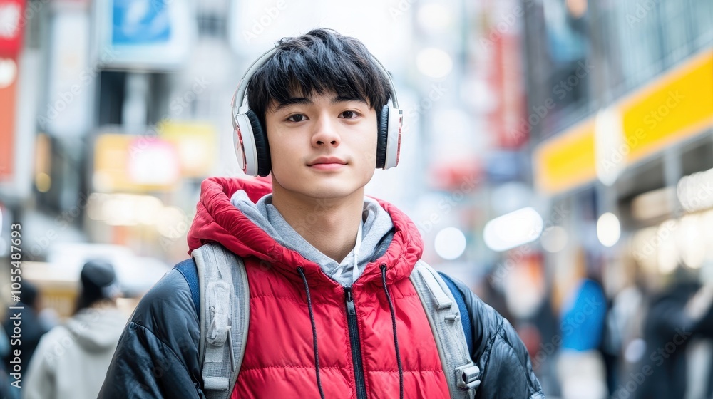 A young adult wearing stylish headphones poses against a colorful urban backdrop A young adult wearing stylish headphones poses against a colorful urban backdrop