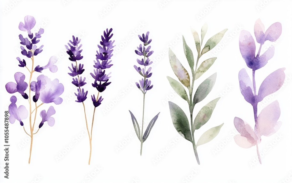 Naklejka premium Watercolor lavender sprigs in a minimalist style, soft purple hues on a light gray background