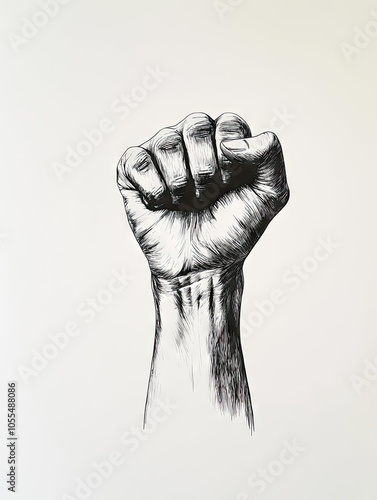 A simple drawing of an arm with the fist raised in protest, drawn by hand with pencil on white paper