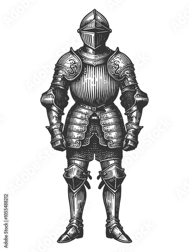 medieval knight in full plate armor, classic armor design with lion emblems sketch engraving generative ai fictional character vector illustration. Scratch board imitation. Black and white image.