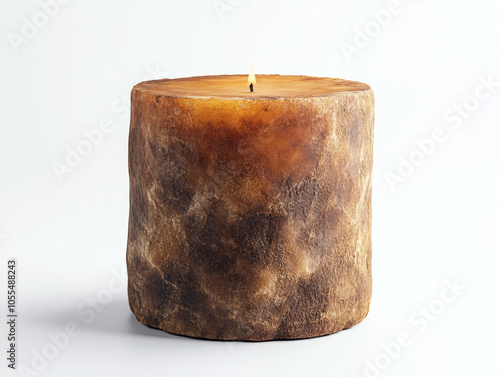  Rustic brown pillar candle with textured surface, natural handcrafted wax candle with earthy tones for cozy home decor, warm ambiance, and relaxation