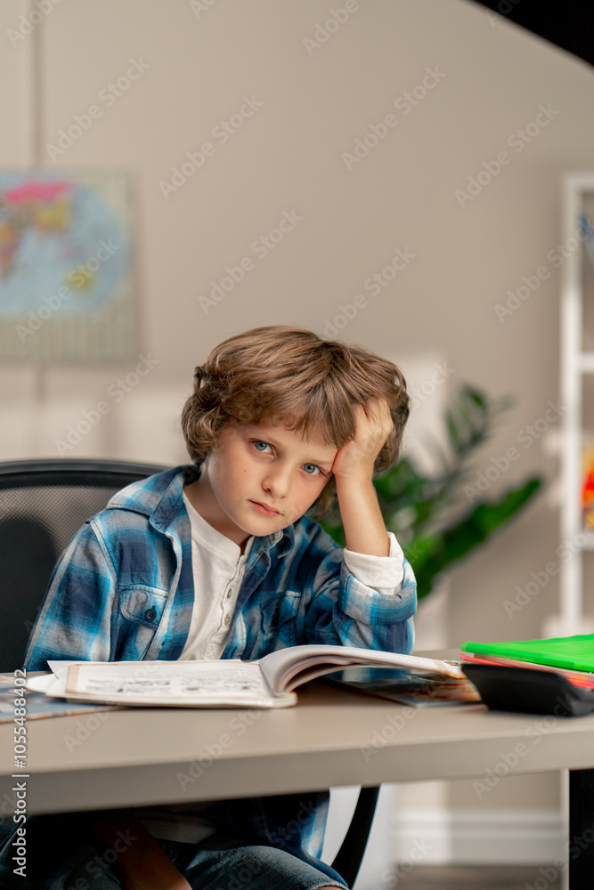 in the children's room a schoolboy in a white sweater and a blue checkered shirt at a desk doing homework on his studies writing difficult task children's suffering in the children's room a schoolboy in a white sweater and a blue checkered shirt at a desk doing homework on his studies writing difficult task children's suffering