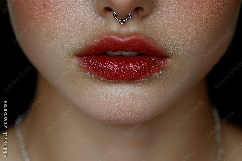 Naklejka premium Close-up of a Woman's Lips with Red Lipstick and a Nose Ring
