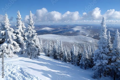 Snow covered hills under a blue sky, bright white snow, clear visibility