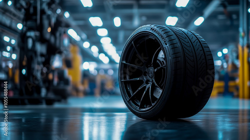 A black sporty car tire with high-gloss, matte finish is placed on the floor. photo