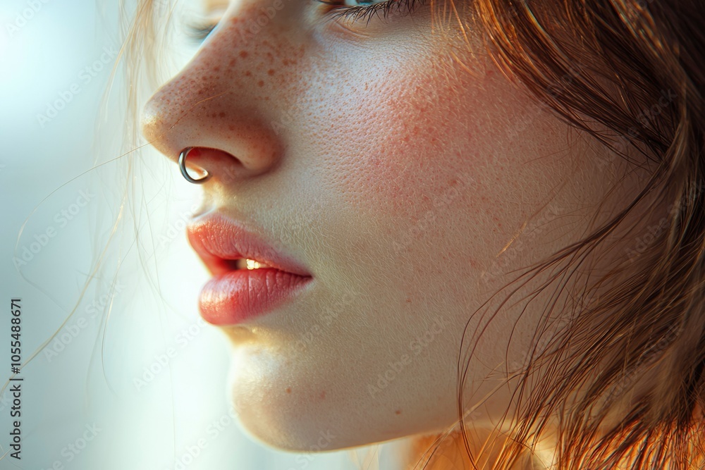 Close-up of a Woman's Face with Freckles, Nose Ring, and Red Hair Close-up of a Woman's Face with Freckles, Nose Ring, and Red Hair