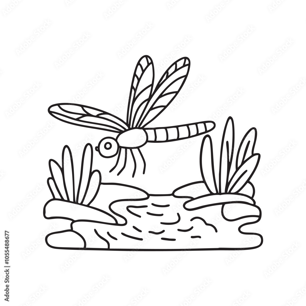 Dragonfly resting on a leaf beside a flowing stream Dragonfly resting on a leaf beside a flowing stream