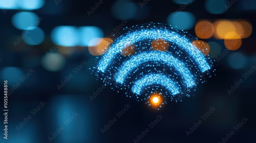 A glowing wireless signal icon glimmers against a dark, blurred background, symbolizing digital communication and connectivity. A glowing wireless signal icon glimmers against a dark, blurred background, symbolizing digital communication and connectivity.