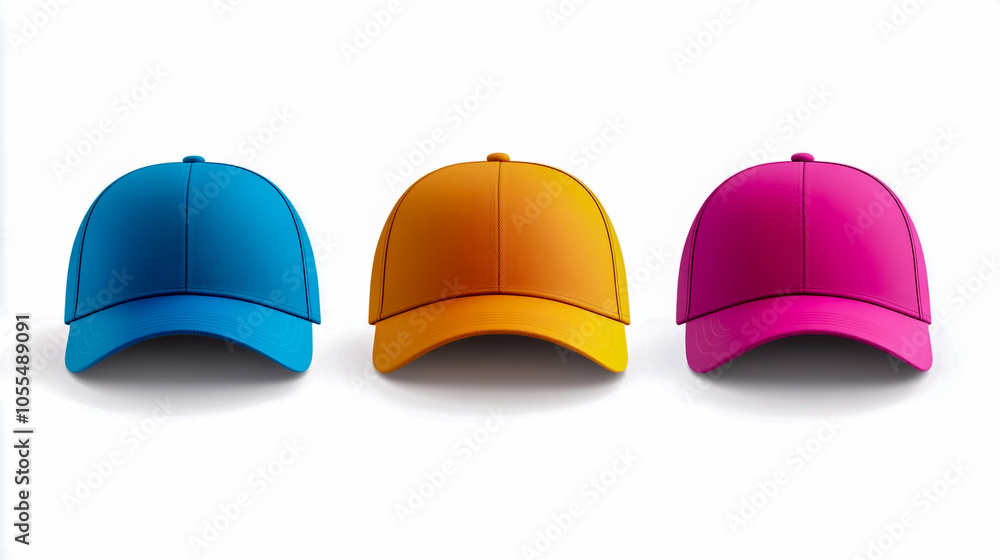 Colorful baseball cap mockup template with front, back, and side views isolated on a white background. Colorful baseball cap mockup template with front, back, and side views isolated on a white background.