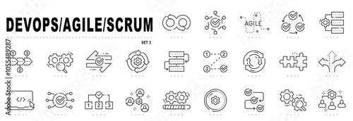Devops, agile, scrum line icons. Plan, process, steps etc. Editable stroke. Set 3