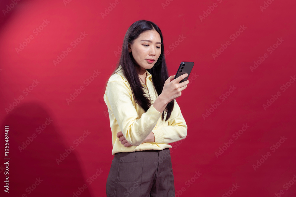 Asian woman smiling while holding a smartphone with both hands, wearing a yellow sweater against a red background. The scene suggests casual engagement with technology or communication. Asian woman smiling while holding a smartphone with both hands, wearing a yellow sweater against a red background. The scene suggests casual engagement with technology or communication.
