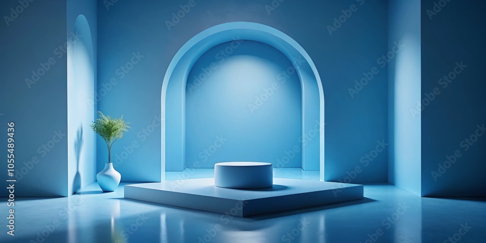 Minimalist Blue Room with Archway and Pedestal for Serene Interior Photography Minimalist Blue Room with Archway and Pedestal for Serene Interior Photography