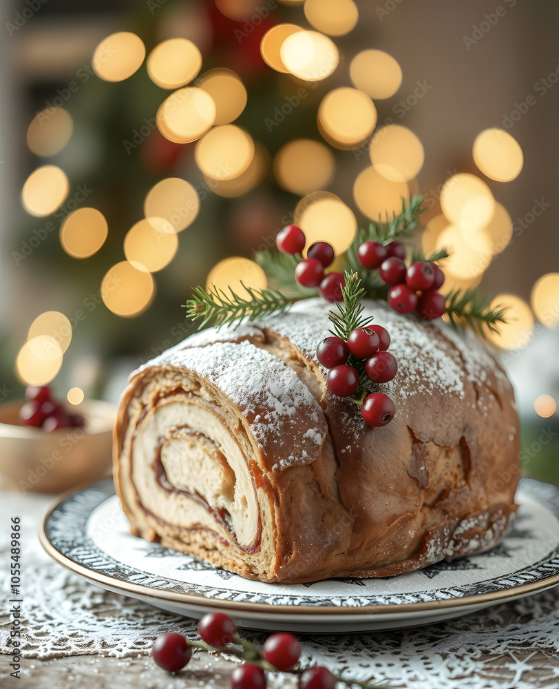 Christmas cake decorated with cranberries and spruce branches against a backdrop of twinkling lights. Traditional German pastry Stollen. A festive treat for Christmas and New Year. Christmas cake decorated with cranberries and spruce branches against a backdrop of twinkling lights. Traditional German pastry Stollen. A festive treat for Christmas and New Year.