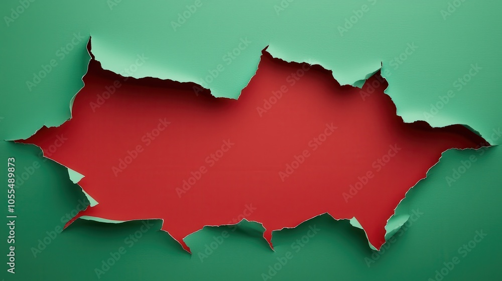 A torn paper effect revealing a red background against a green surface, creating a striking contrast. A torn paper effect revealing a red background against a green surface, creating a striking contrast.