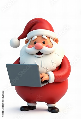 Santa Claus uses a laptop to check his list before Christmas