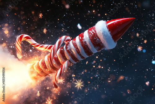 Fantasievolle Rakete aus Zuckerstange mit festlicher Weihnachtsmütze photo