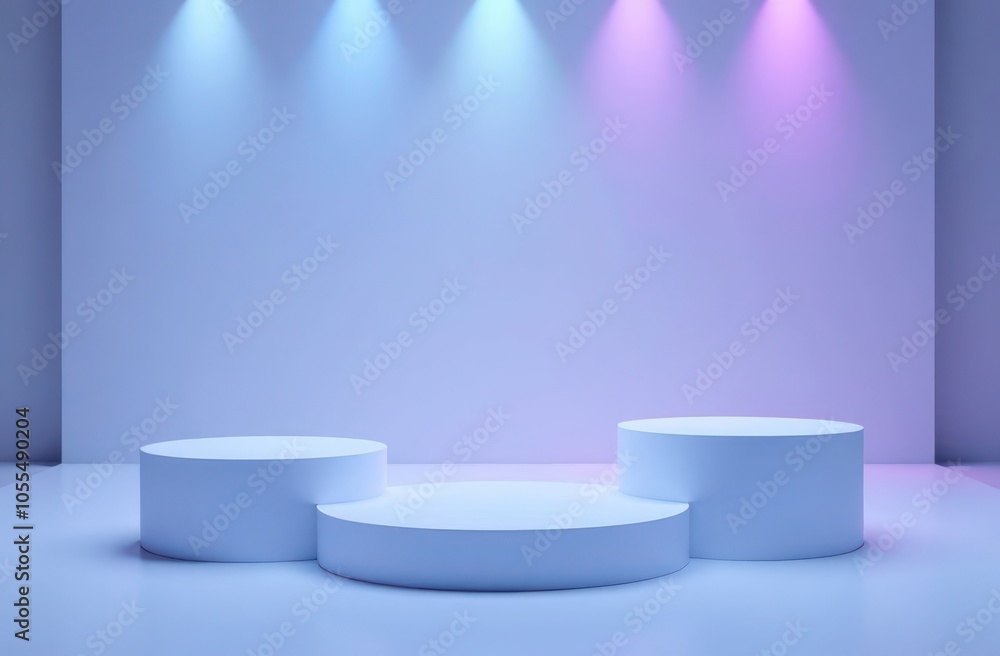 Minimalist Cylindrical Podiums with Soft Blue and Purple Lighting Minimalist Cylindrical Podiums with Soft Blue and Purple Lighting
