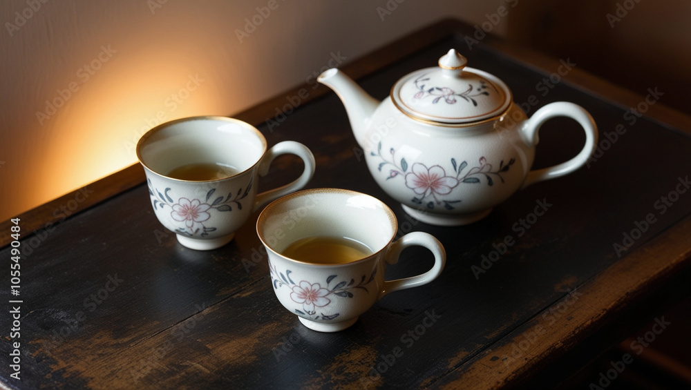 a set of tea cups and pots a set of tea cups and pots