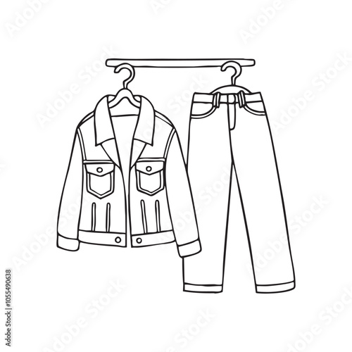Denim jacket hanging on a hook beside a pair of jeans 