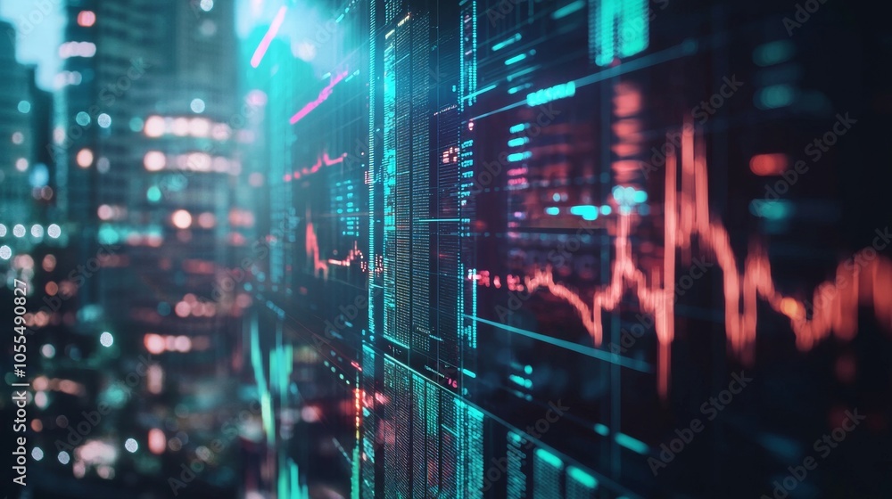 High-tech digital financial chart overlay with city lights background High-tech digital financial chart overlay with city lights background
