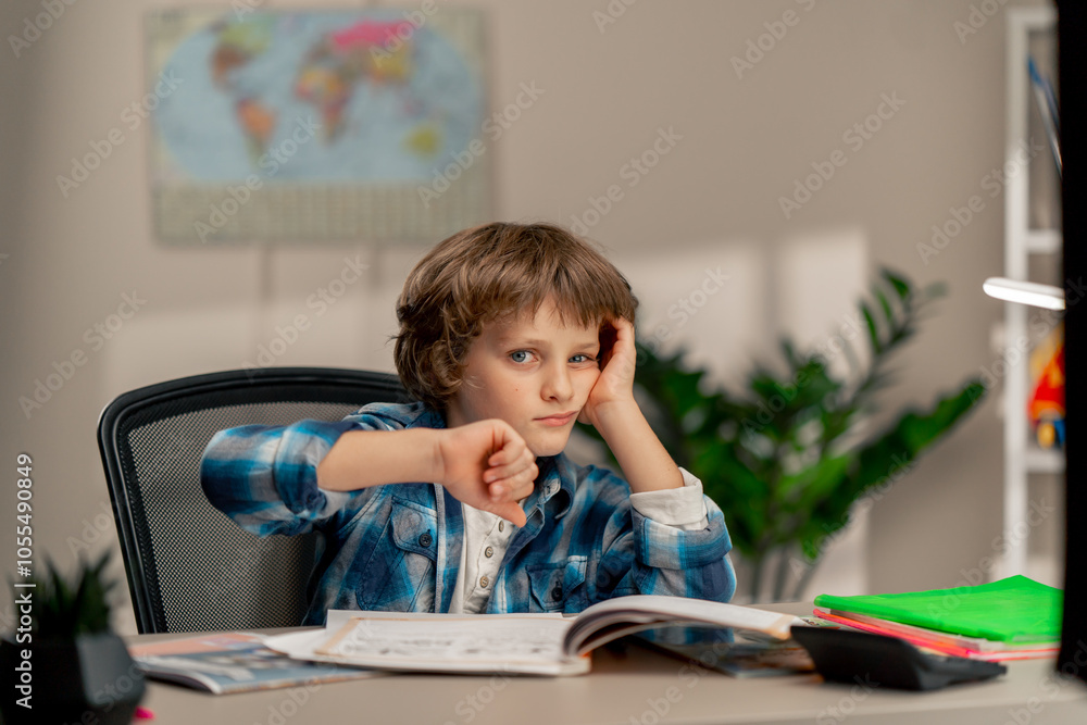 in the children's room a schoolboy in a white sweater and a blue checkered shirt at a desk doing homework on his studies writing difficult task children's suffering in the children's room a schoolboy in a white sweater and a blue checkered shirt at a desk doing homework on his studies writing difficult task children's suffering