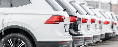 Fotografia Back view many modern new SUV cars fleet stock at dealership parking lot