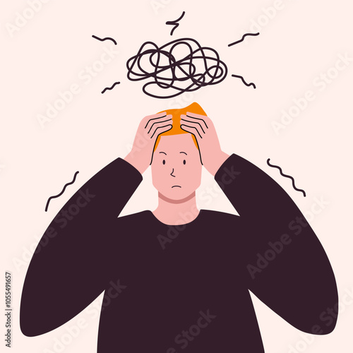 Man with cchaos and mess in head, symbolized confusion or stress with tangled lines overhead, representing mental chaos or overthinking