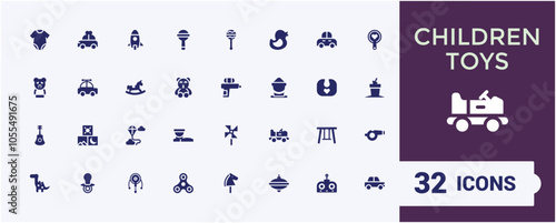 Children Toys vector solid icon set. Contains related to pyramid, entertainment, icon, wooden, bucket, web, flat and more. Minimalist flat filled icon.