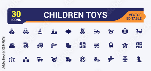 Children Toys vector solid icon set. Contains related to pyramid, entertainment, icon, wooden, bucket, web, flat and more. Minimalist flat filled icon.