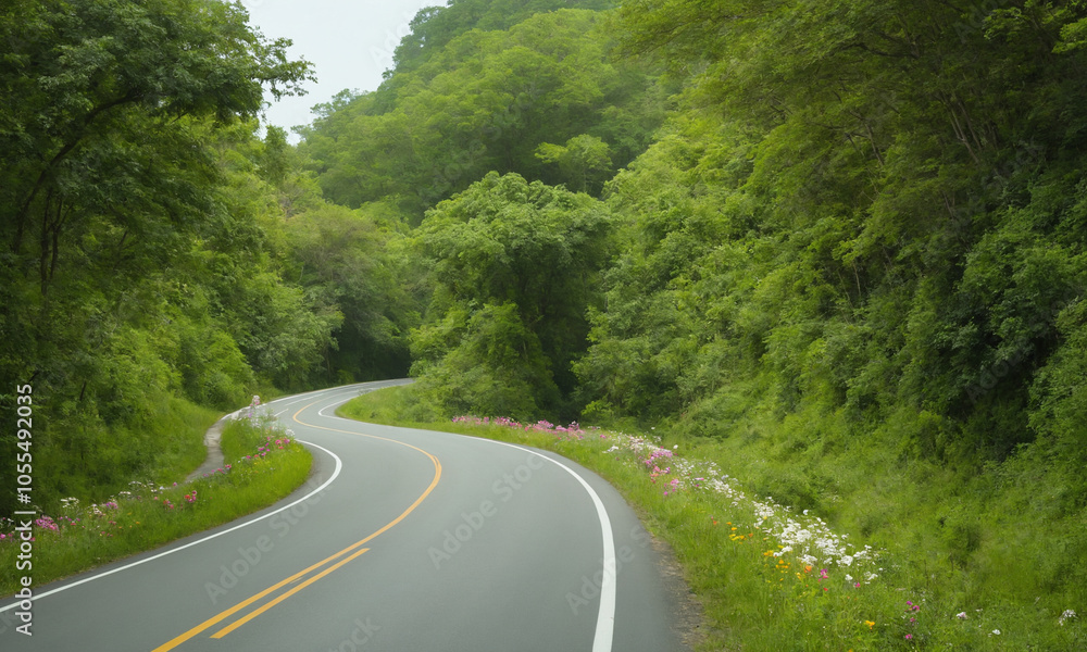시골길 도로옆에 꽃과 나무가 예쁘다 쾌적한도로