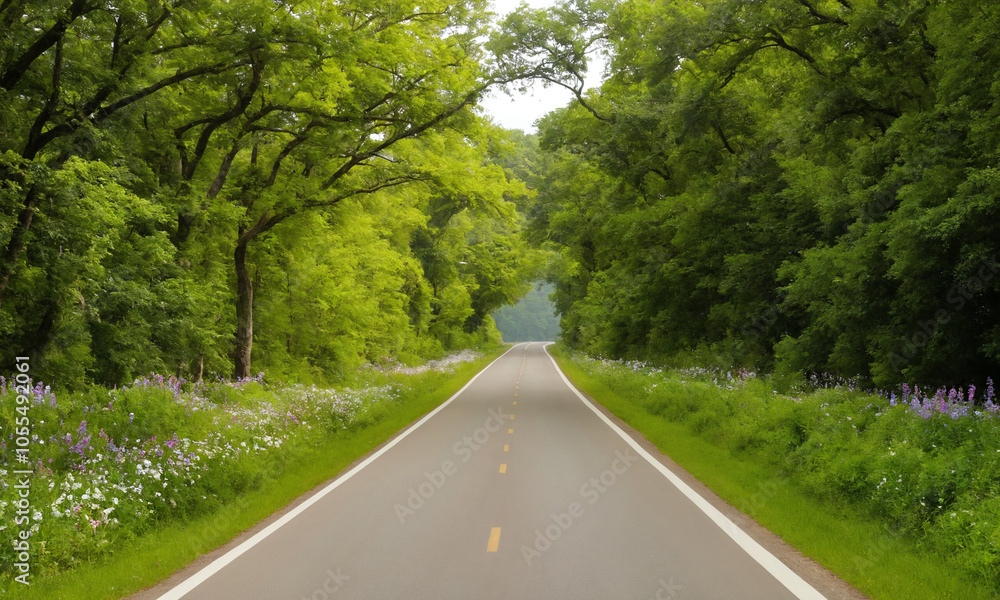 Fototapeta premium 시골길 도로옆에 꽃과 나무가 예쁘다 쾌적한도로